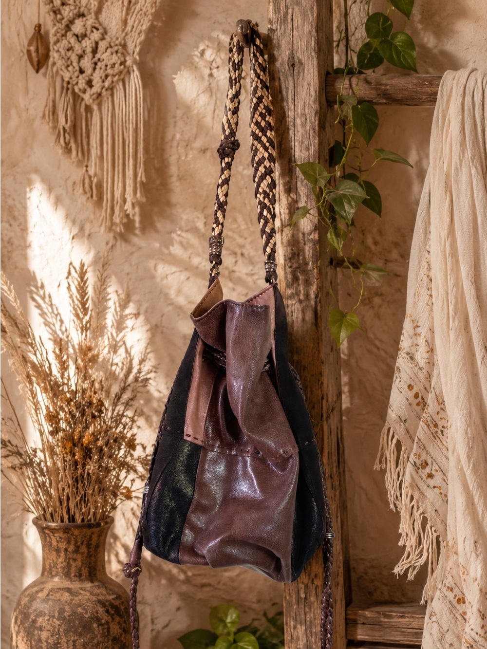 Vintage Brown Leather Patchwork Bucket Bag The Sak, Drawstring Bag, Boho Bag